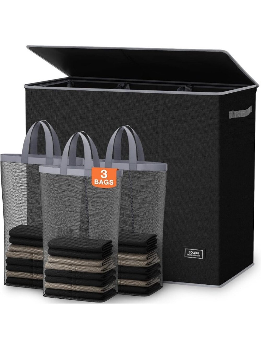 SOLEDI Large Laundry hamper 3 Section with Lid, 180L Laundry Basket, Black